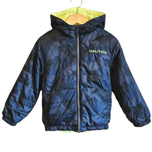 Nautica Reversible Puffer Jacket Blue Camo Neon Yellow Toddler Size 3T
